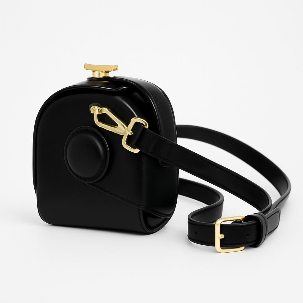 Black leather mini crossbody bag with gold hardware and adjustable strap on white background