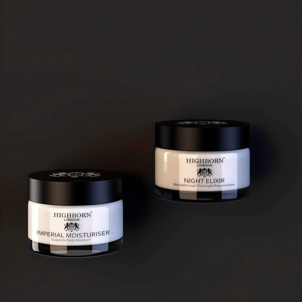 Highborn London Imperial Moisturiser and Night Elixir skincare jars on black background