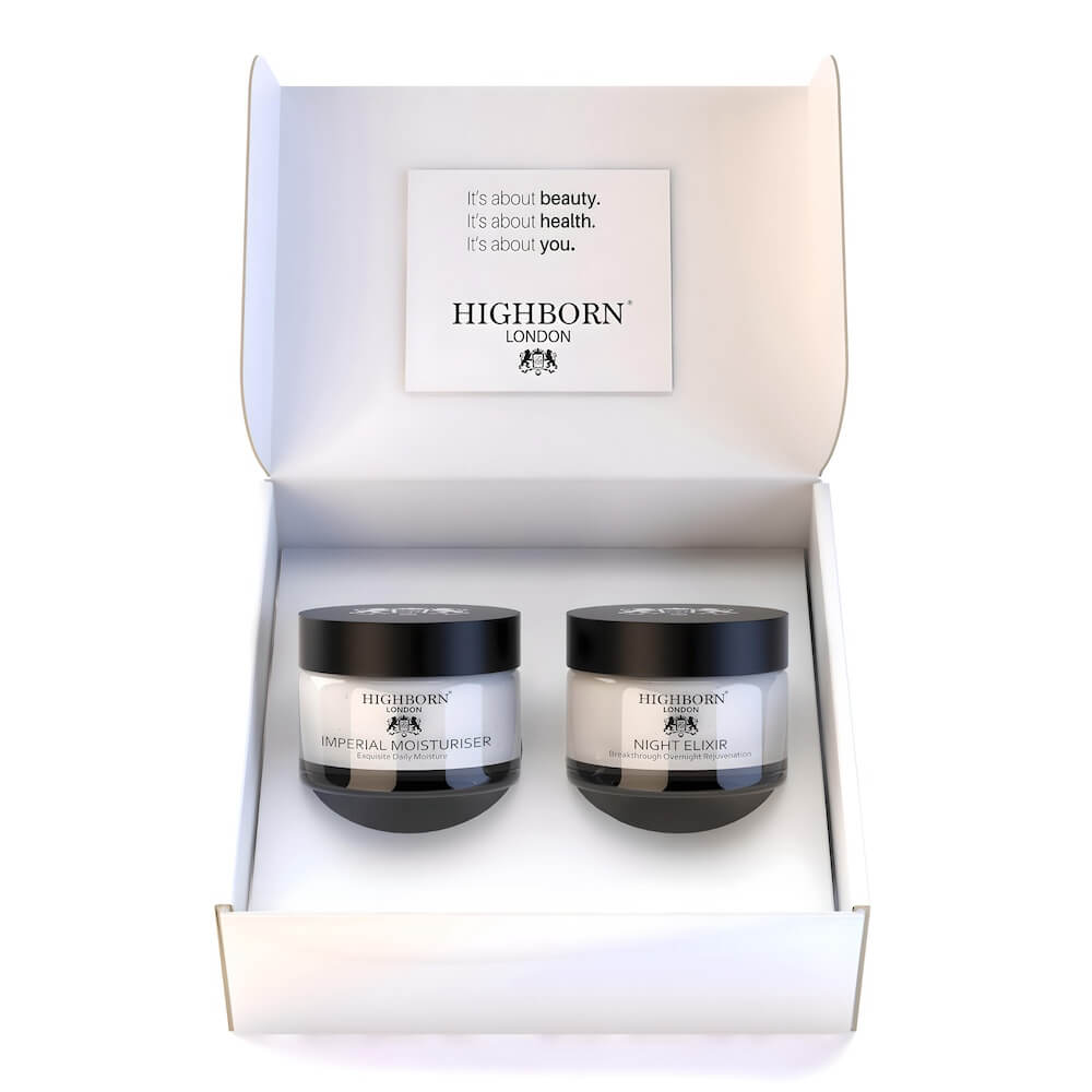 Highborn London skincare set with Imperial Moisturiser and Night Elixir in white box