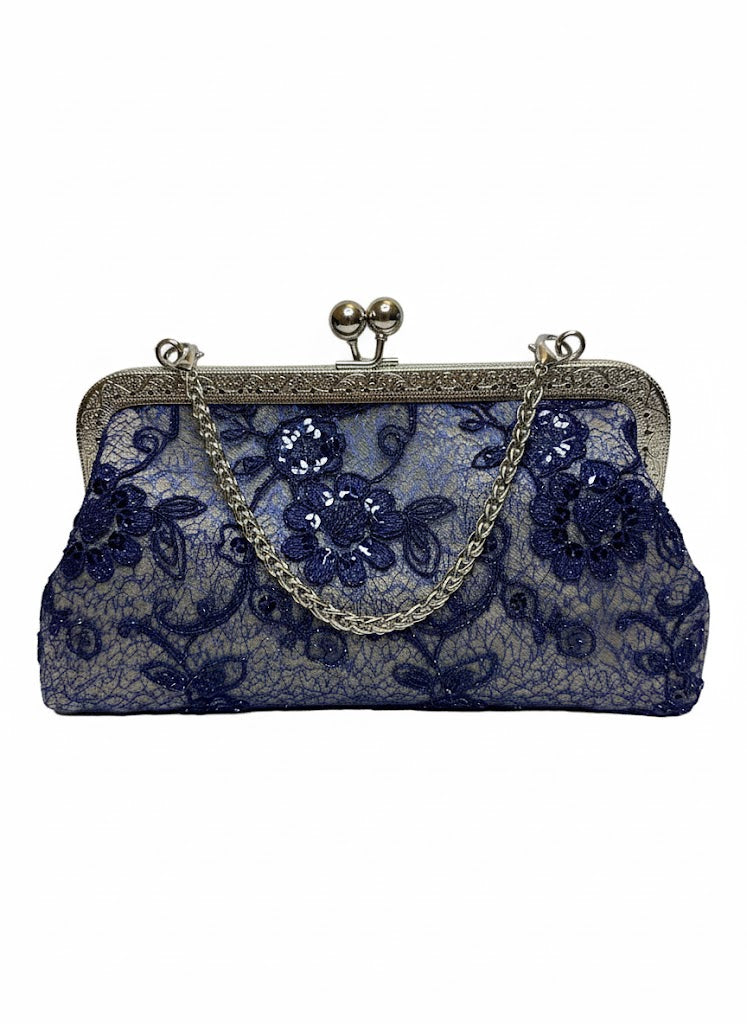 Elegant navy blue lace evening clutch with floral embroidery, silver metal frame, and chain strap