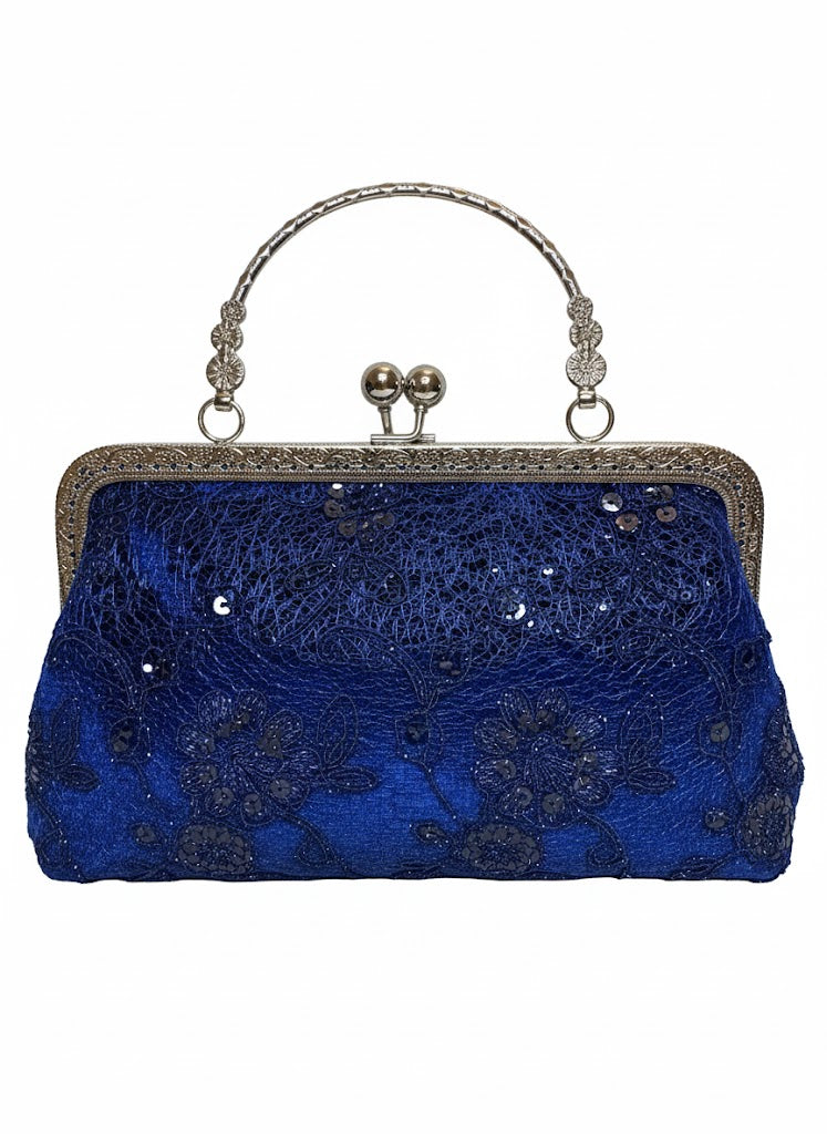 Elegant blue evening clutch purse with intricate lace and sequin details, silver clasp and handle