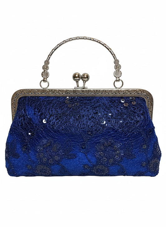Elegant blue evening clutch purse with intricate lace and sequin details, silver clasp and handle