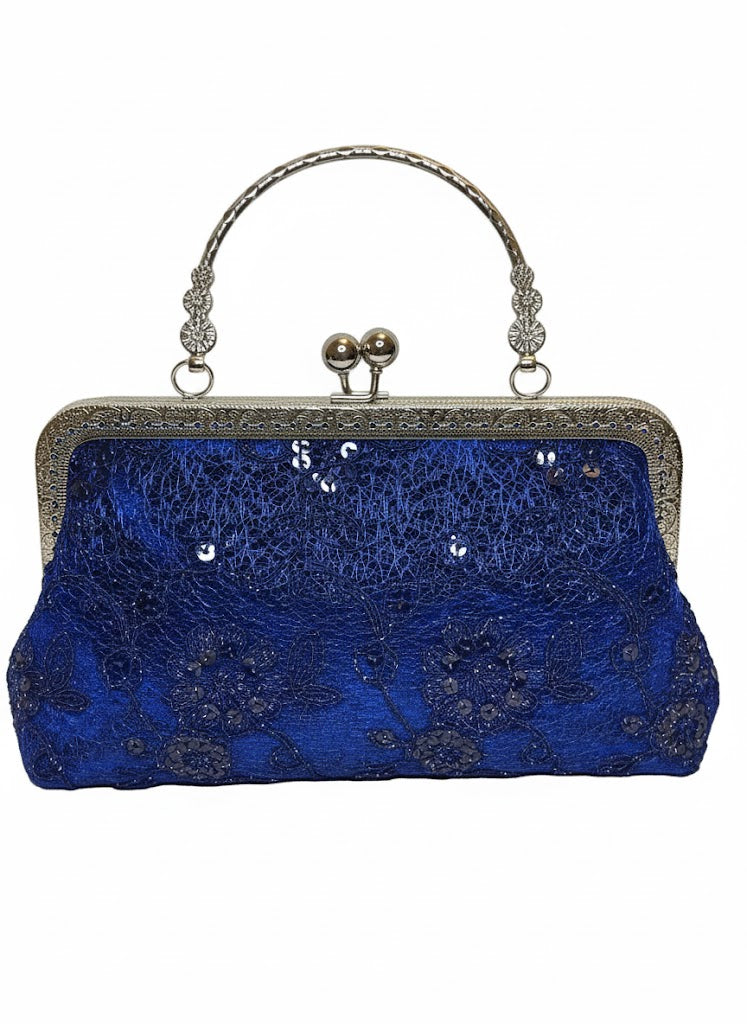 Elegant vintage evening clutch bag with royal blue lace and sequin detailing, silver metal frame and handle