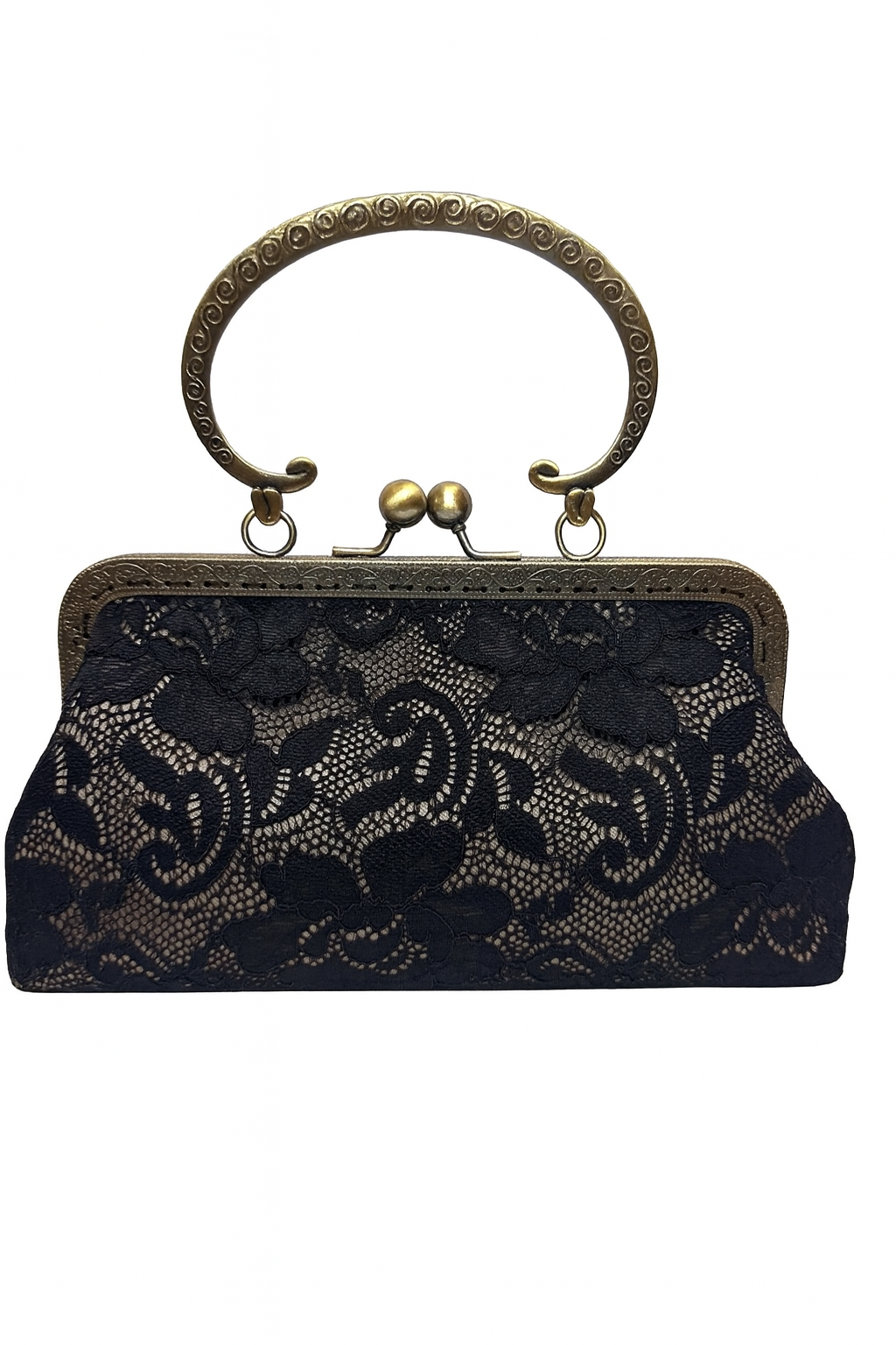 Vintage black lace clutch handbag with ornate gold metal frame and decorative handle