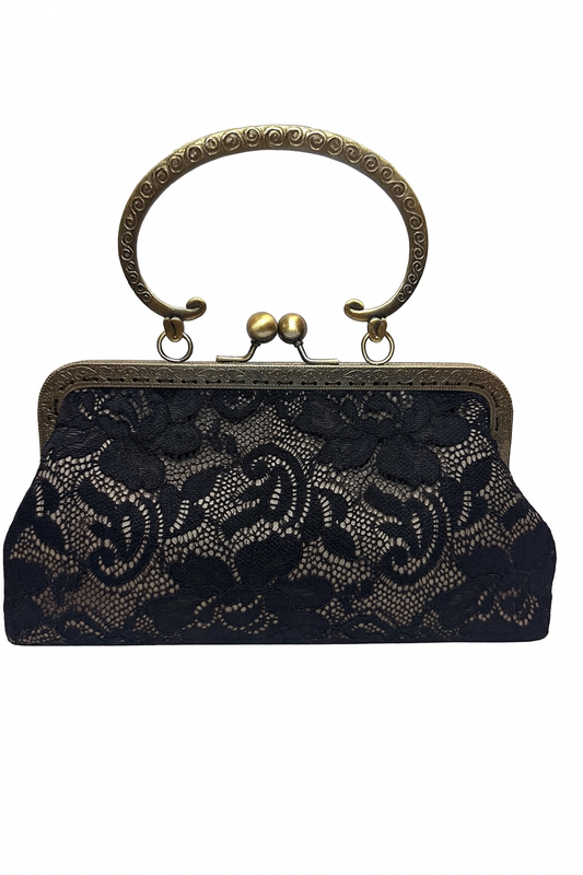 Vintage black lace clutch handbag with ornate gold metal frame and decorative handle