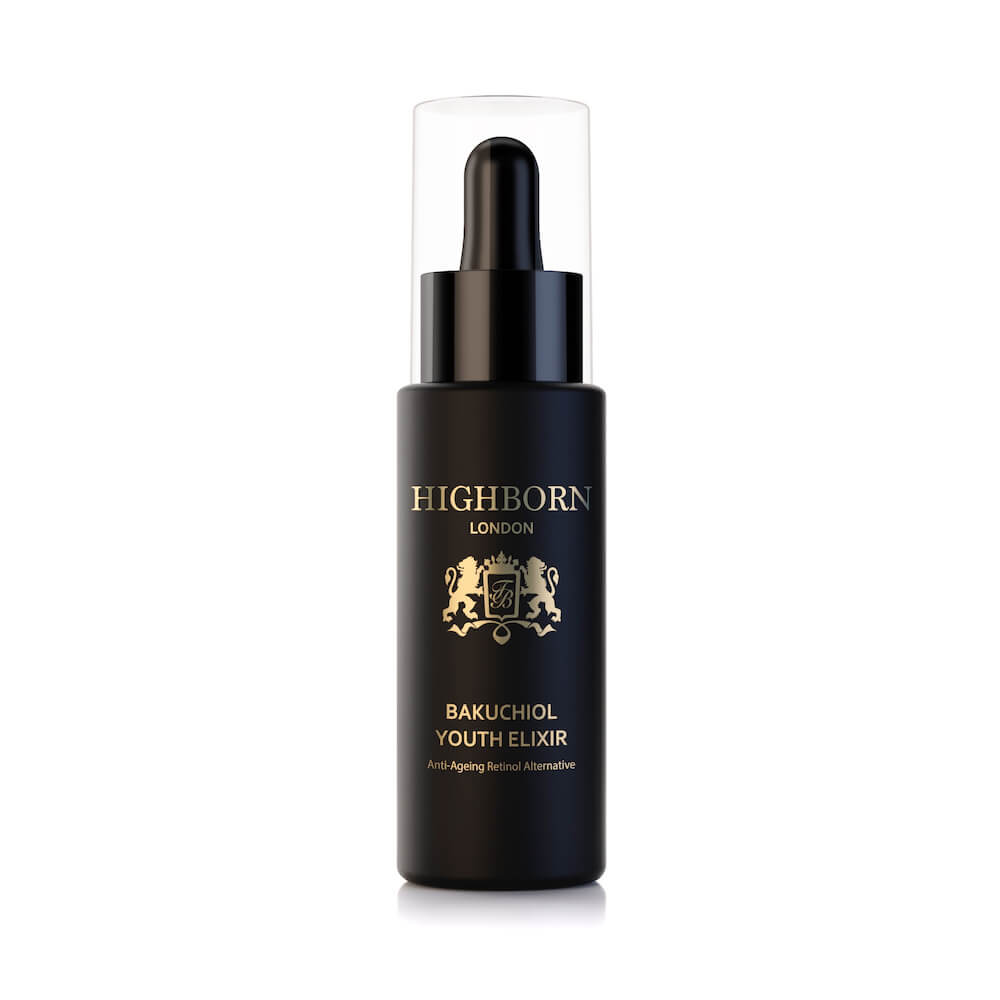 Black dropper bottle of Highborn London Bakuchiol Youth Elixir anti-aging skincare product