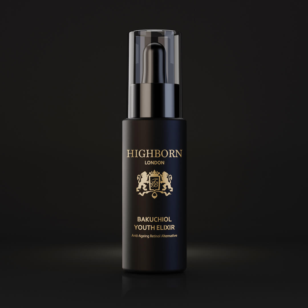 Highborn London Bakuchiol Youth Elixir black bottle with gold text on black background