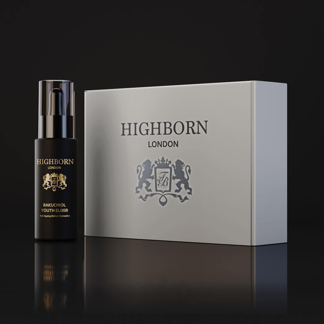 Highborn London Bakuchiol Youth Elixir anti-aging skincare bottle with elegant white packaging