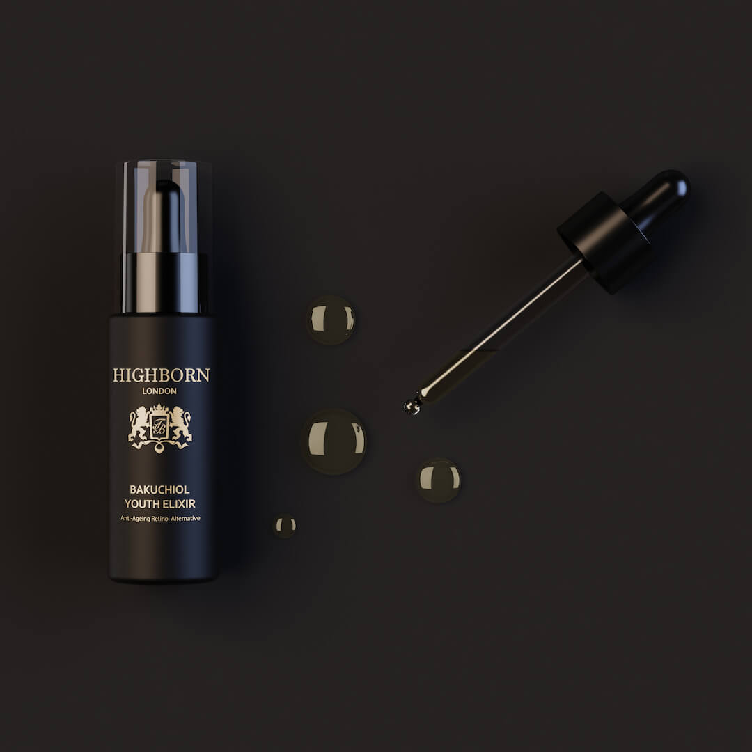 Highborn London Bakuchiol Youth Elixir bottle with dropper and oil droplets on black surface