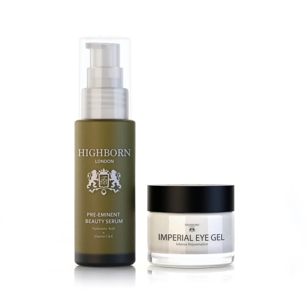Highborn London beauty serum bottle and imperial eye gel jar for skincare and rejuvenation