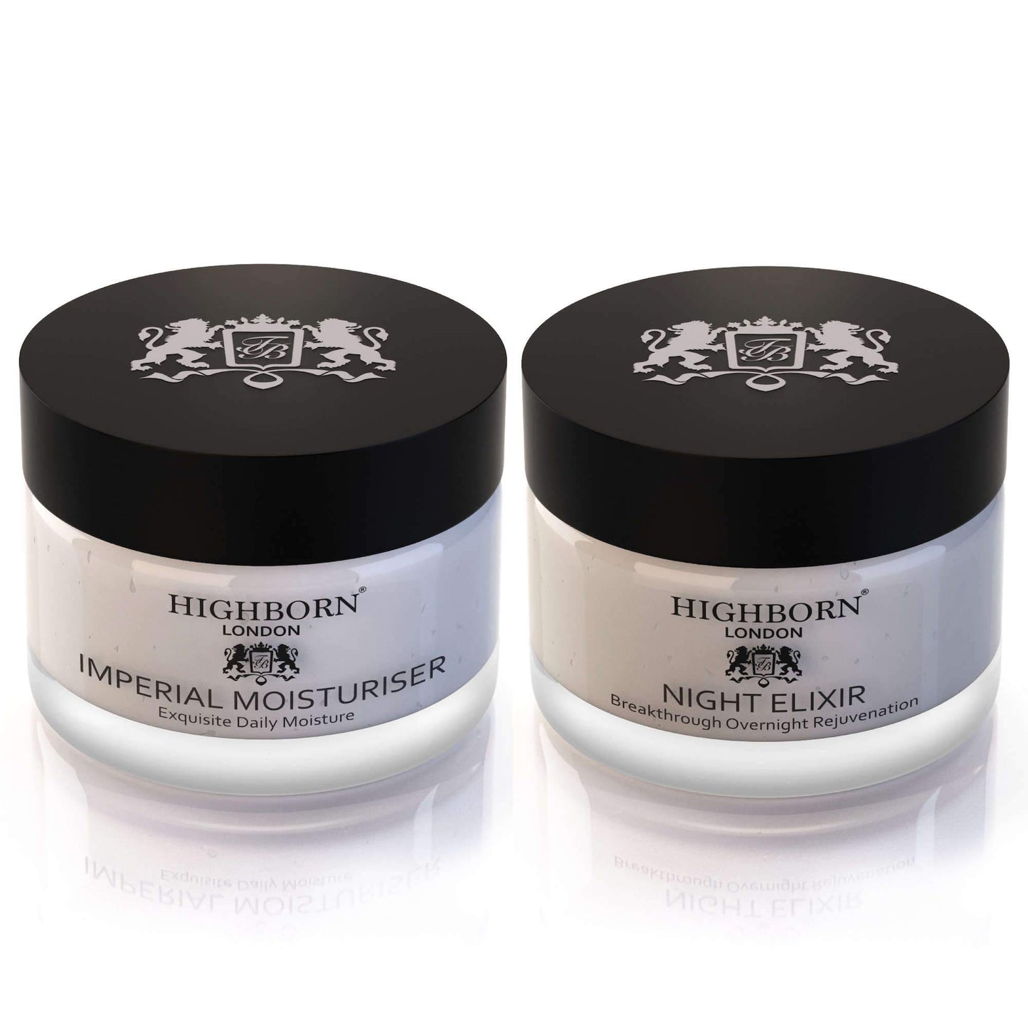 Highborn London Imperial Moisturiser and Night Elixir skincare jars with black lids and white containers