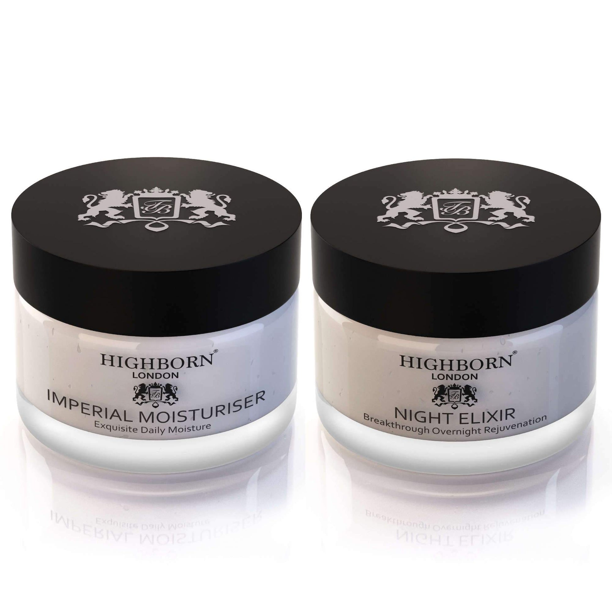 Highborn London Imperial Moisturiser and Night Elixir skincare jars with black lids and white containers