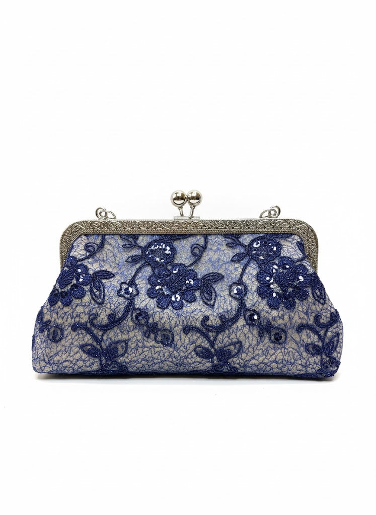 Elegant vintage clutch purse with silver frame and blue floral lace embroidery