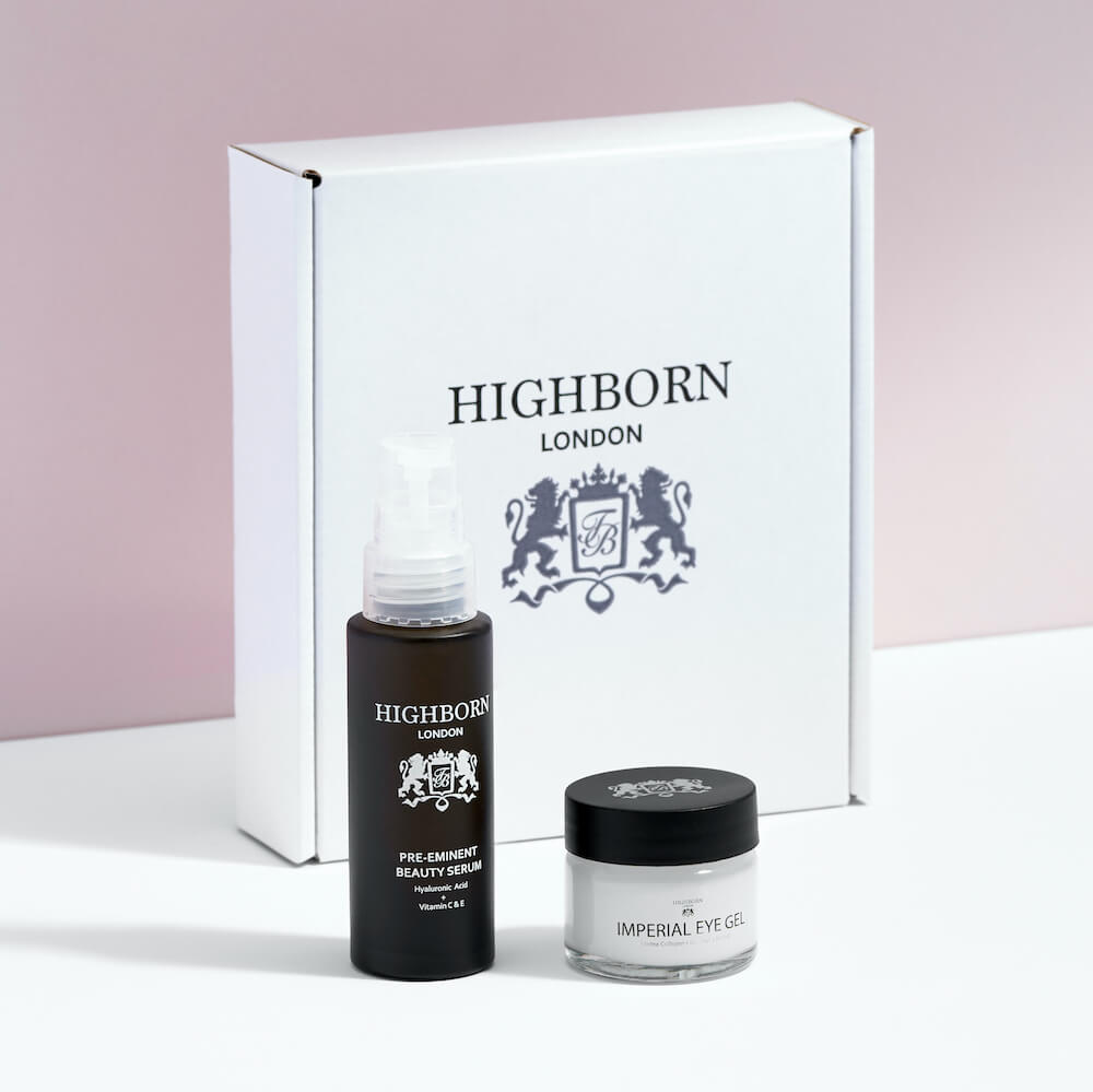 Highborn London skincare set with Pre-Eminent Beauty Serum and Imperial Eye Gel against white box