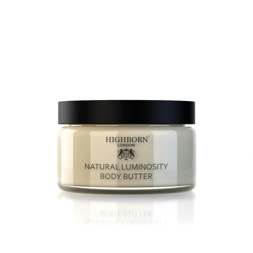 Highborn London Natural Luminosity Body Butter jar with black lid on white background
