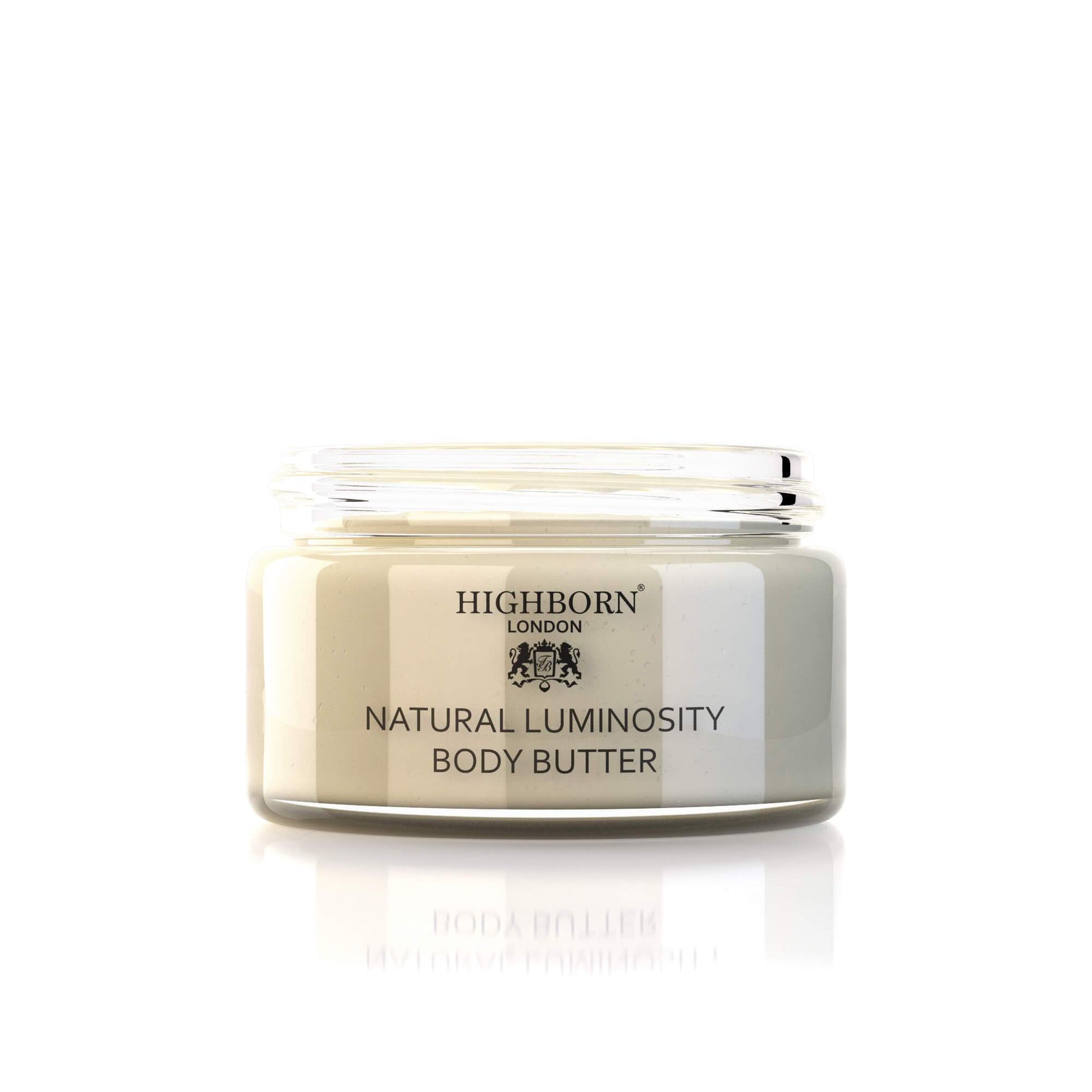 Highborn London Natural Luminosity Body Butter in clear jar on white background