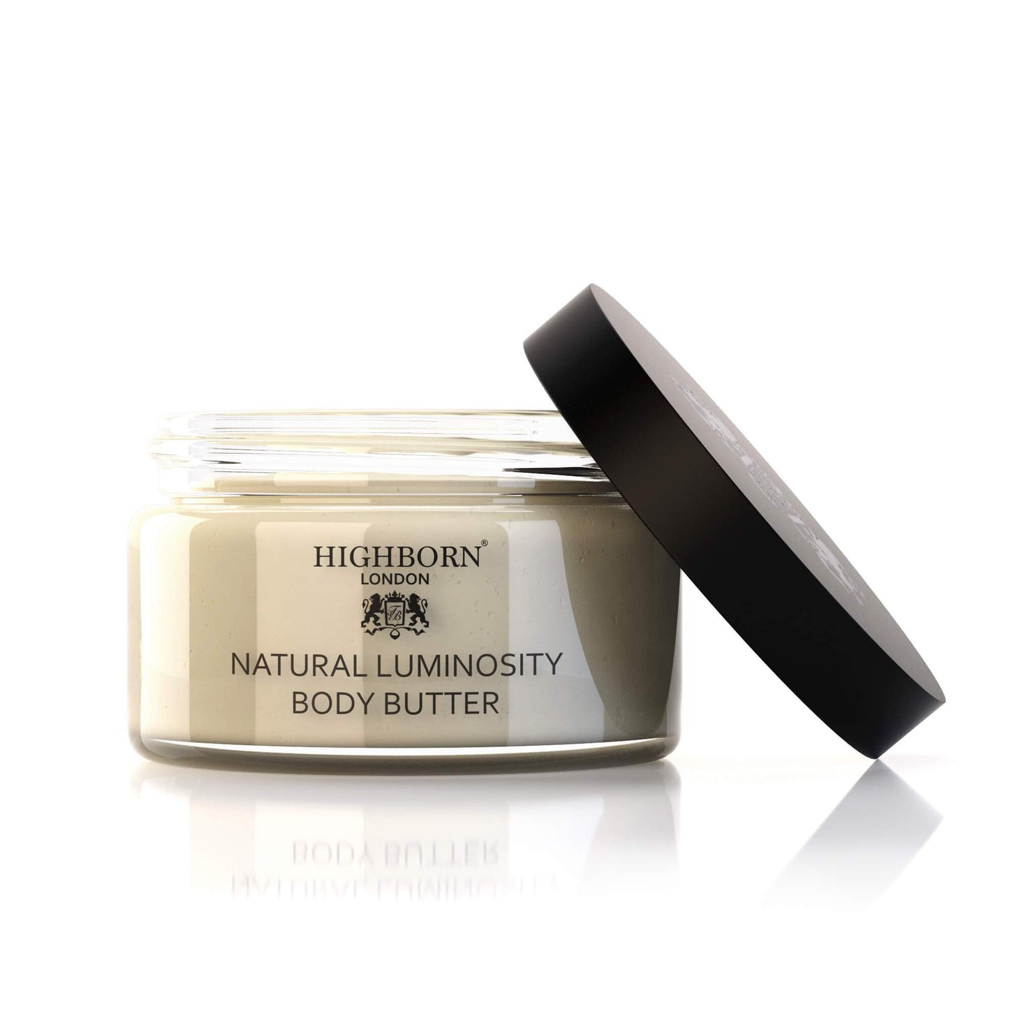 Highborn London Natural Luminosity Body Butter jar with black lid open on white background