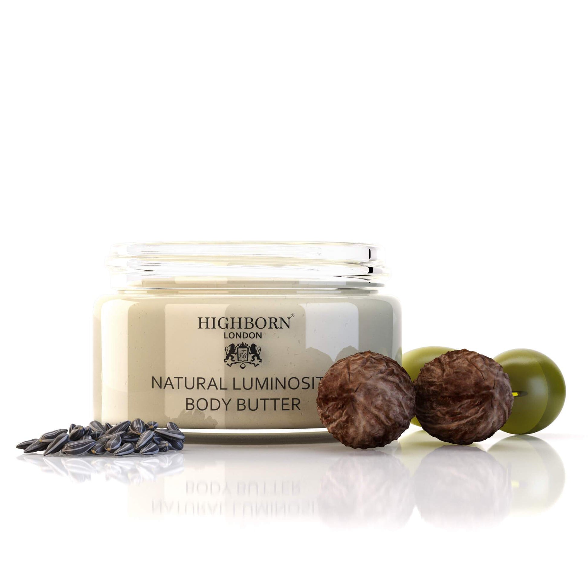 Highborn London Natural Luminosity Body Butter jar with shea nuts and seeds on white background