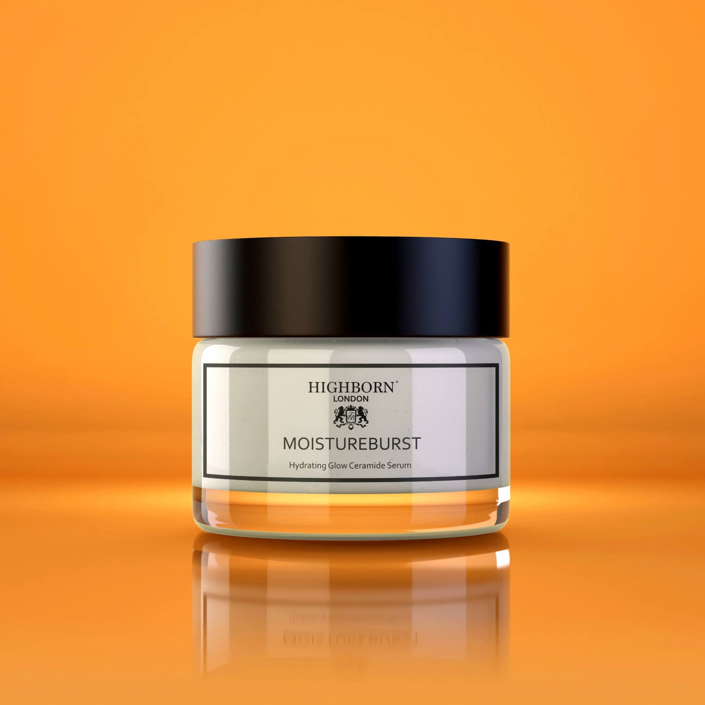 Highborn London MoistureBurst Hydrating Glow Ceramide Serum jar with black lid on orange background