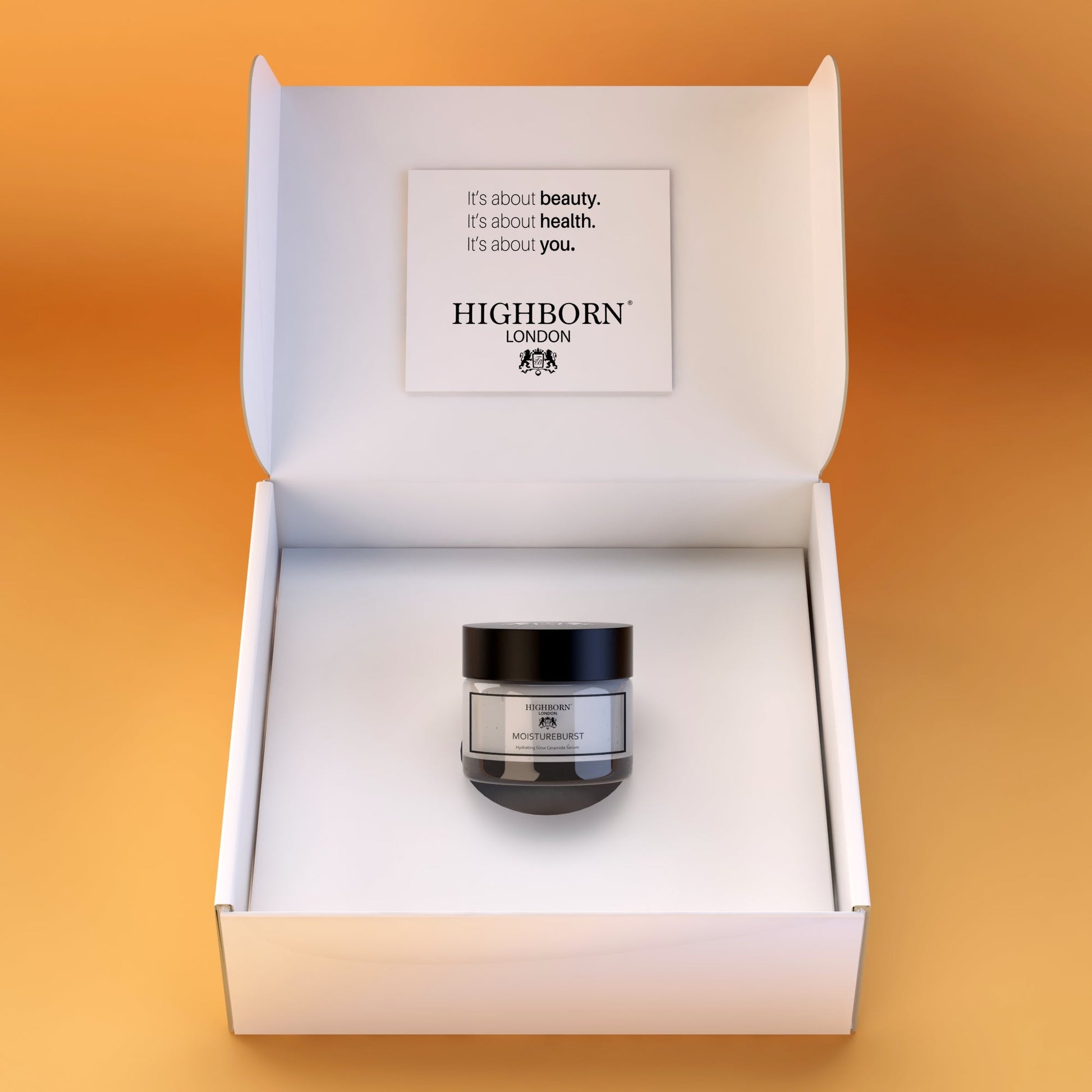 Highborn London Moistureburst hydrating glow ceramide serum in white box with orange background