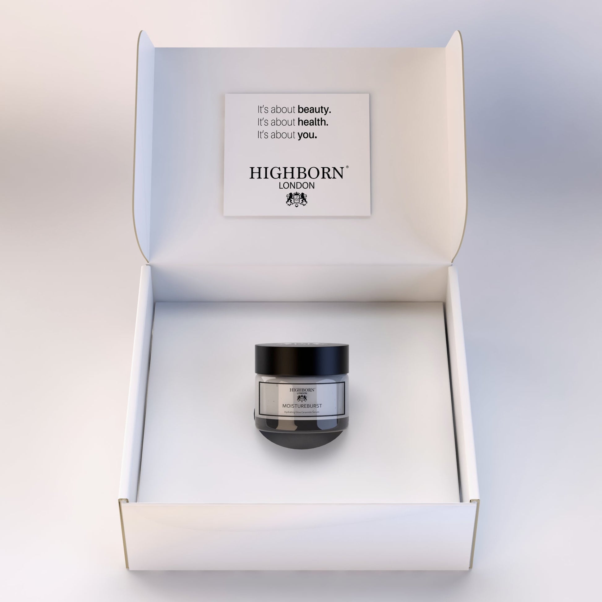 Highborn London Moistureburst hydrating cream in white luxury box with message about beauty, health, and you