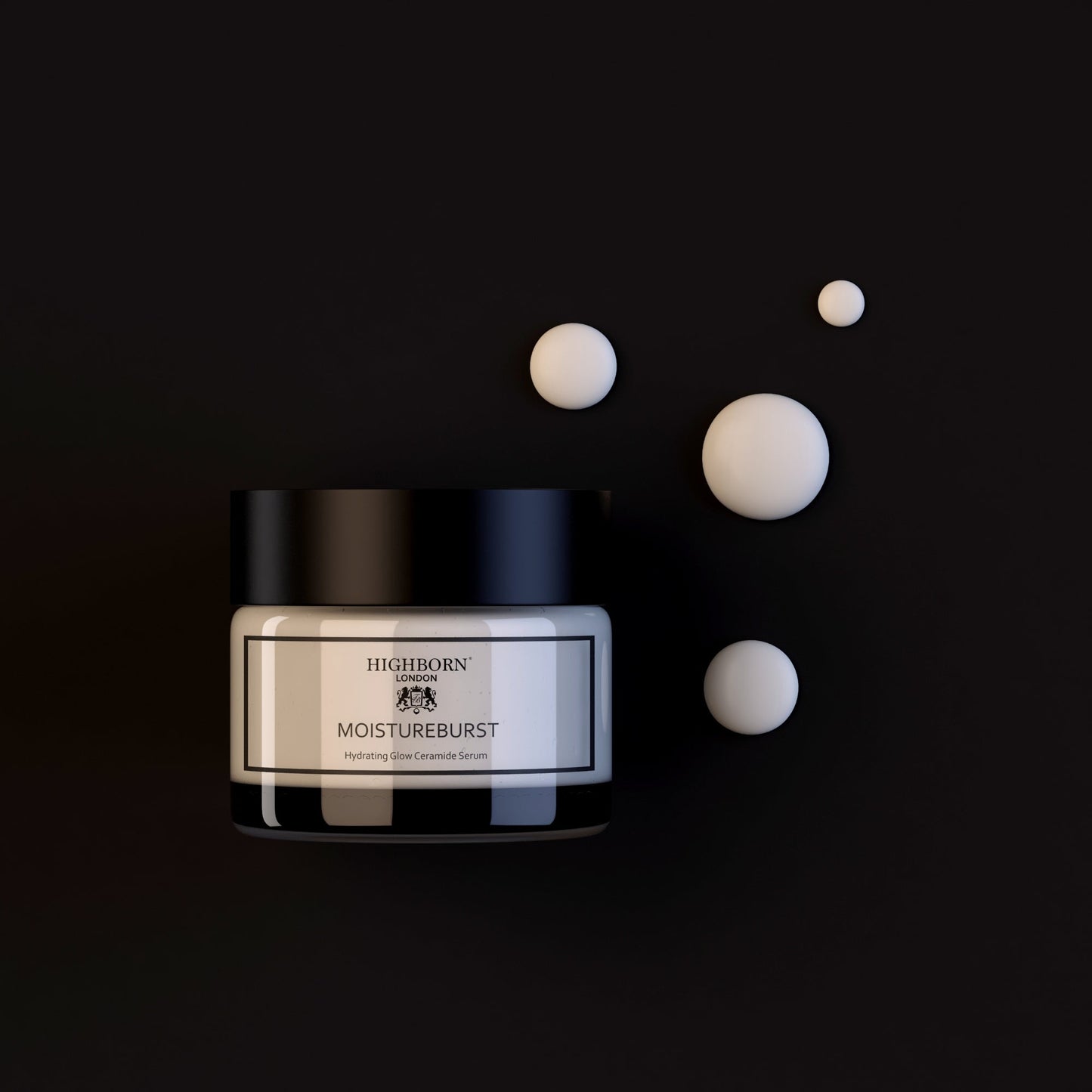 Highborn London MoistureBurst Hydrating Glow Ceramide Serum jar on black background with white cream droplets