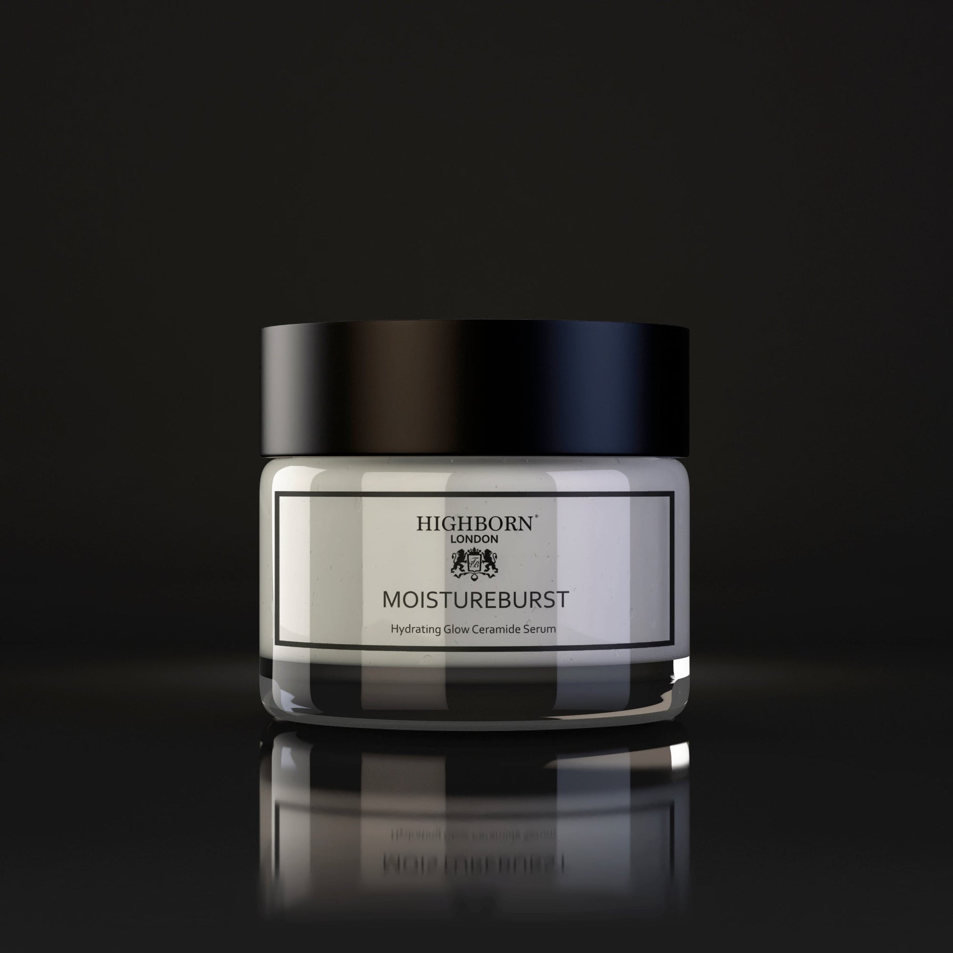 Highborn London Moistureburst Hydrating Glow Ceramide Serum jar with black lid on reflective black surface