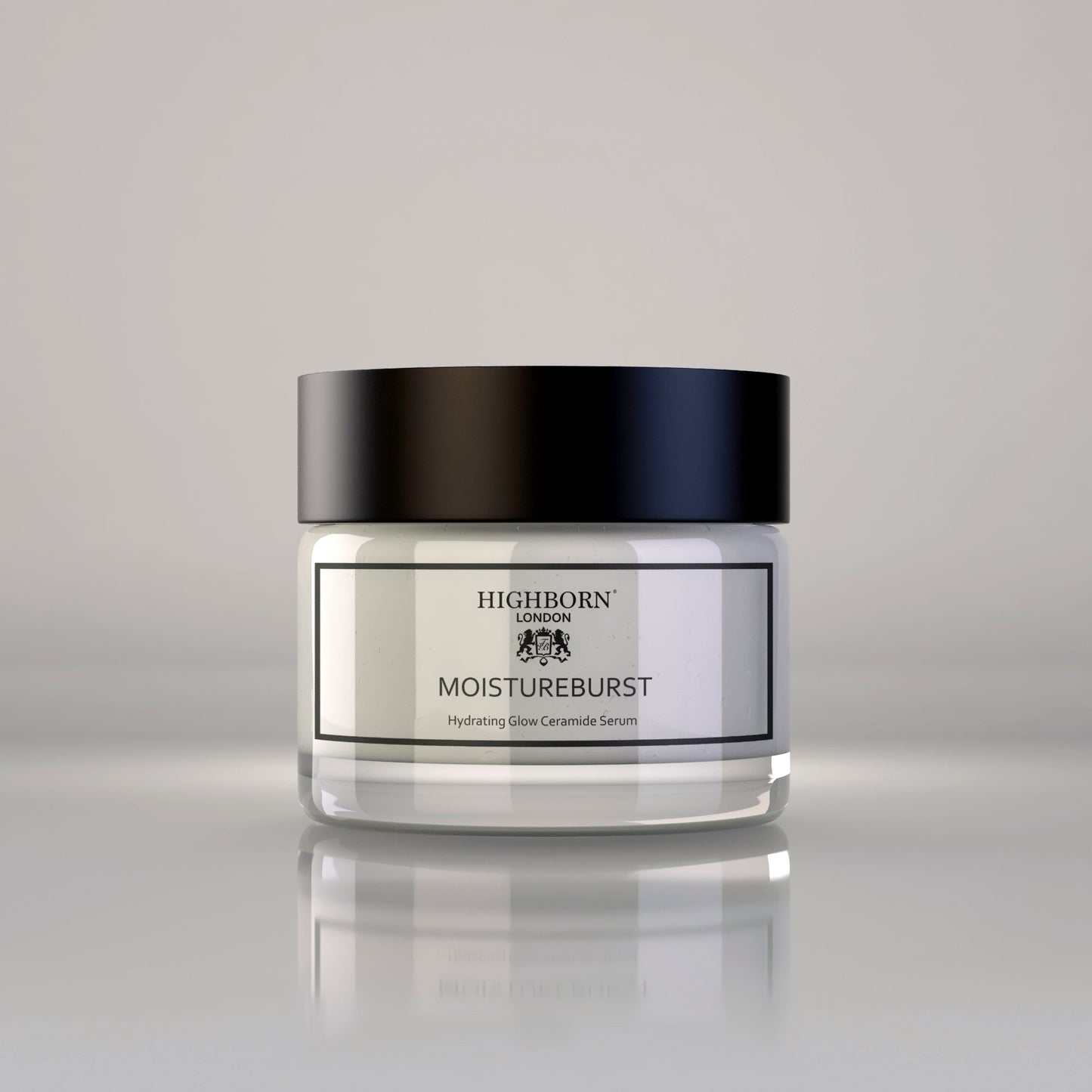Highborn London MoistureBurst hydrating glow ceramide serum in white jar with black lid