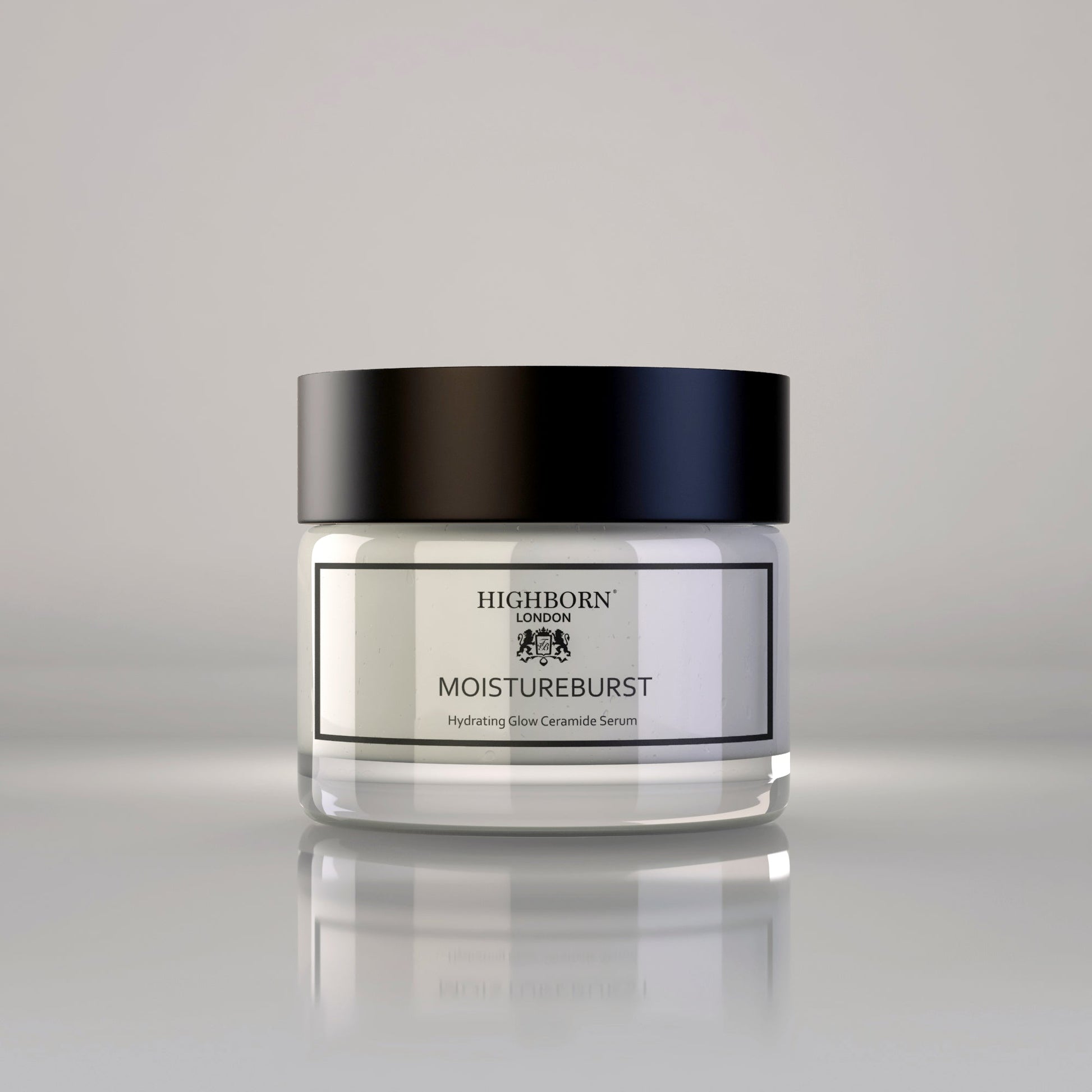 Highborn London MoistureBurst hydrating glow ceramide serum in white jar with black lid