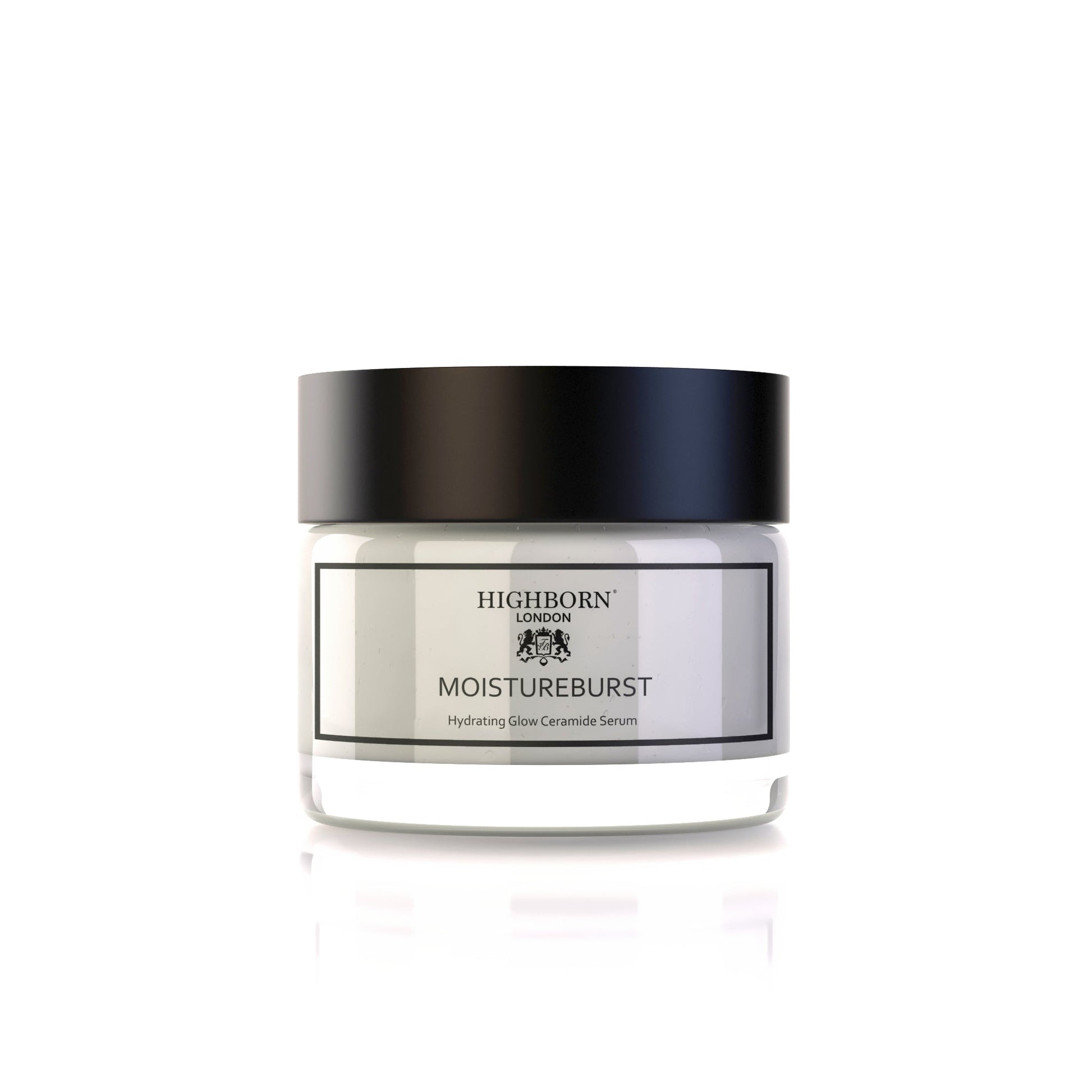 Highborn London Moistureburst Hydrating Glow Ceramide Serum in frosted glass jar with black lid