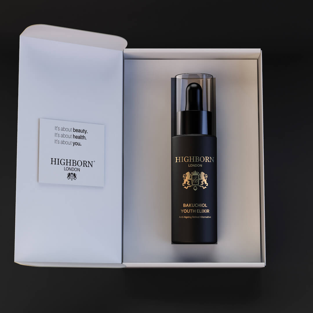 Highborn London Bakuchiol Youth Elixir serum bottle in black box with skincare message card