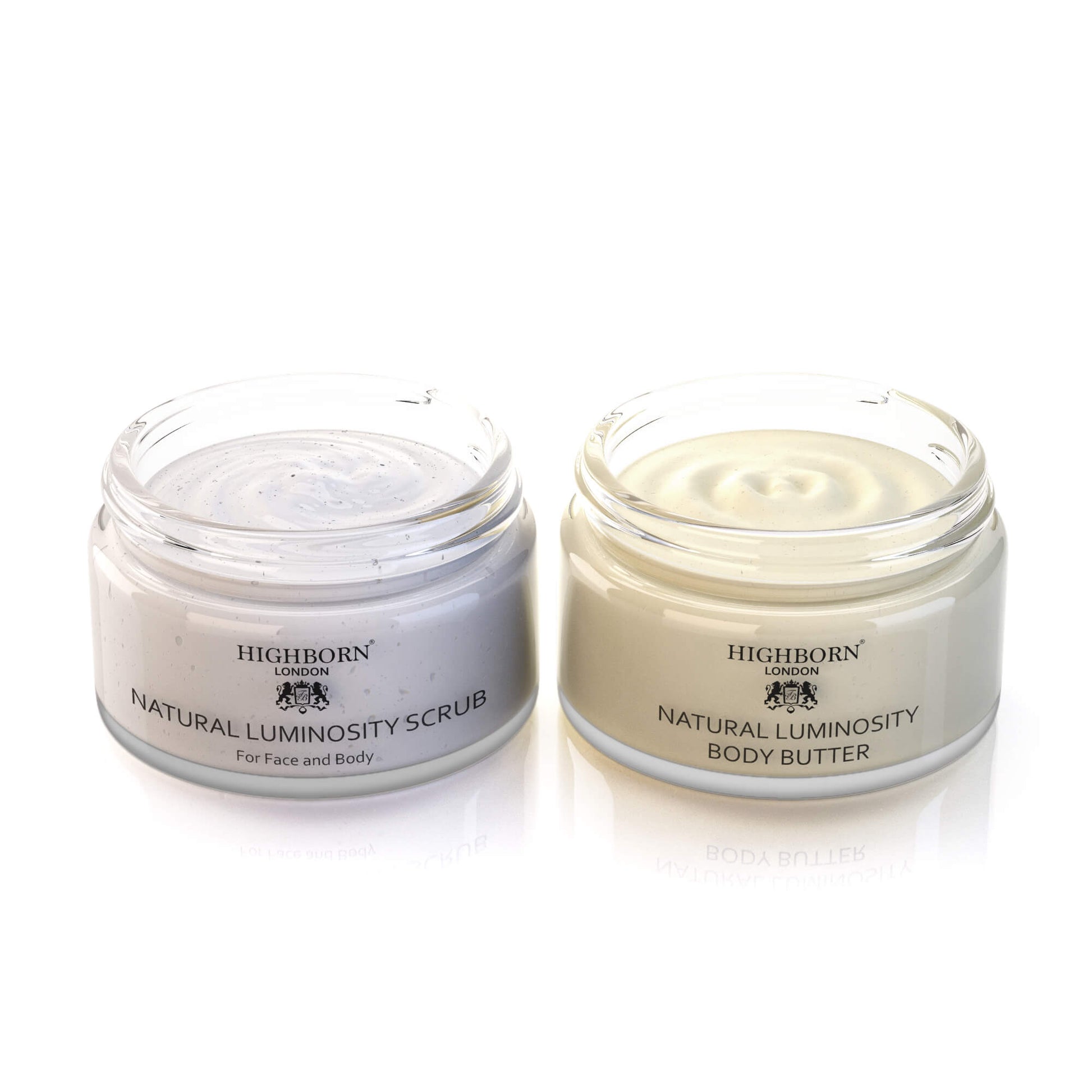Highborn London Natural Luminosity Scrub and Body Butter in open glass jars, skincare products