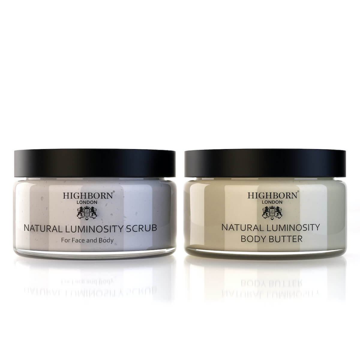 Highborn London Natural Luminosity Scrub and Body Butter jars with black lids on white background