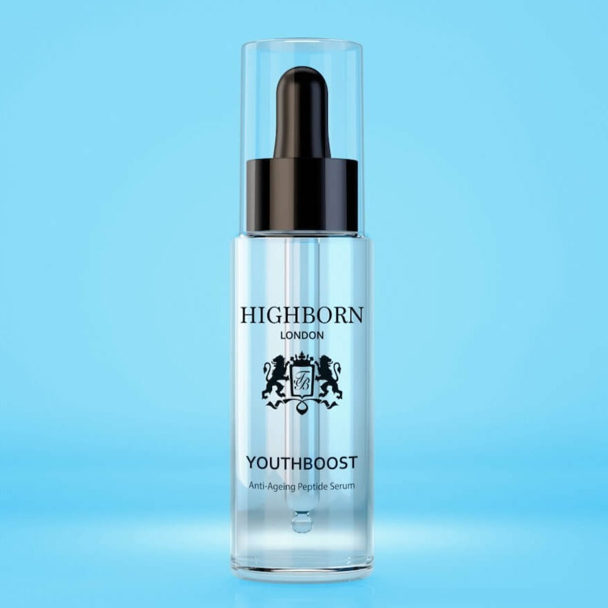 Highborn London Youthboost anti-ageing peptide serum dropper bottle on blue background