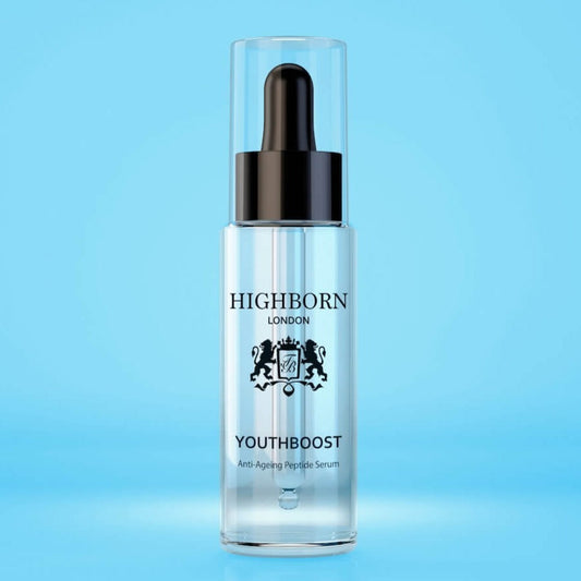 Highborn London Youthboost anti-ageing peptide serum dropper bottle on blue background