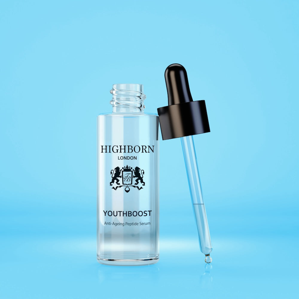 Highborn London Youthboost anti-ageing peptide serum bottle with dropper on blue background