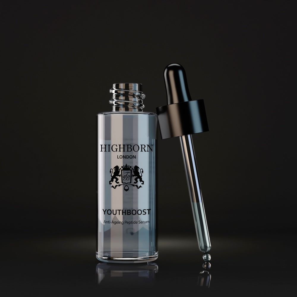 Highborn London Youthboost anti-ageing peptide serum bottle with dropper on black background