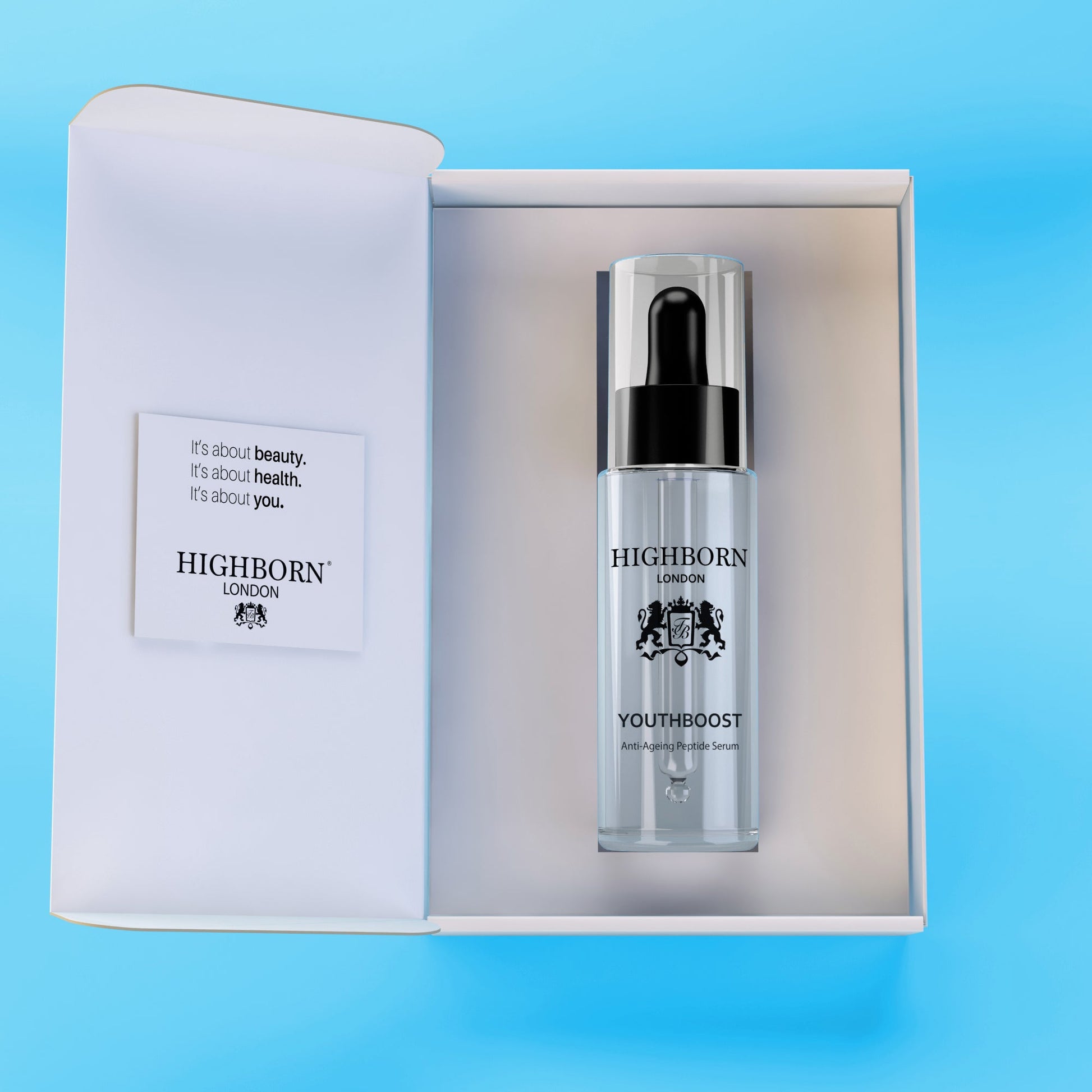 Highborn London Youthboost anti-ageing peptide serum in a white box with blue background