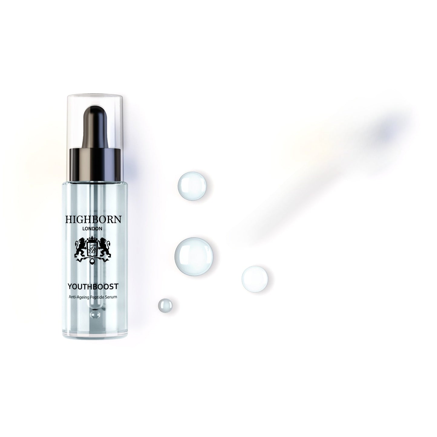 Highborn London Youthboost anti-ageing peptide serum bottle with clear liquid droplets on white background