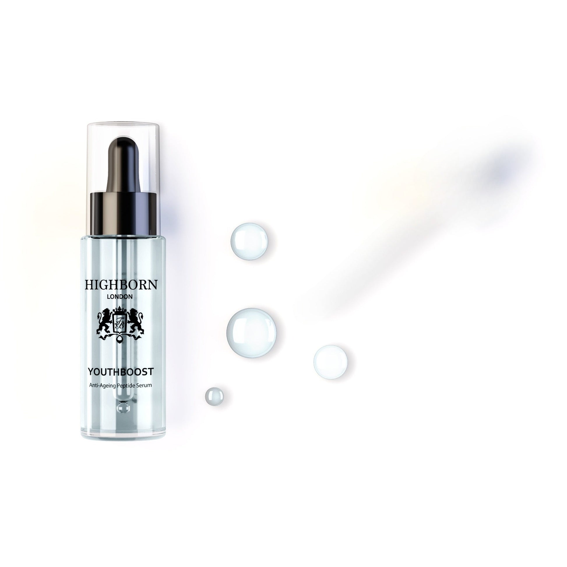 Highborn London Youthboost anti-ageing peptide serum bottle with clear liquid droplets on white background