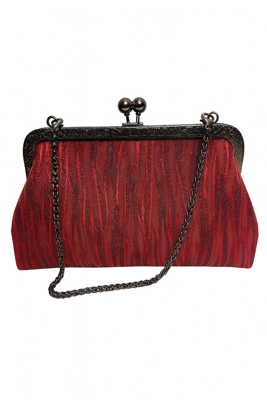 Red metallic evening clutch purse with black tiger stripe pattern and black chain strap