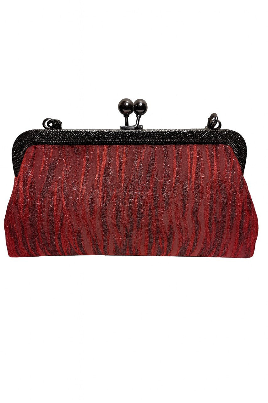 Red and black textured clutch purse with black frame and ball clasp closure